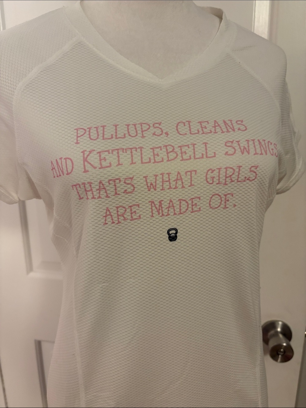 Women’s White Mesh Workout Tee with Pink Script